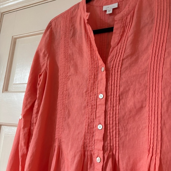 J. Jill Linen Coral Orange Button Down Pleated Tunic Size Small Vacation Coverup - Picture 2 of 11